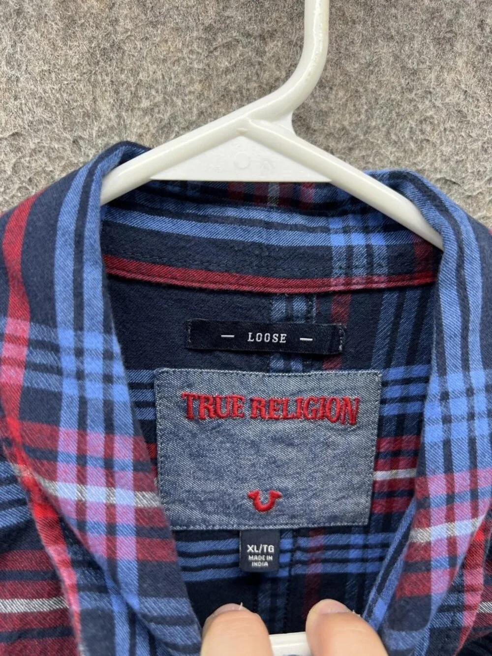True Religion Shirt Men XL Blue Plaid Short Sleeve Button Up Fringe Hem Slouch